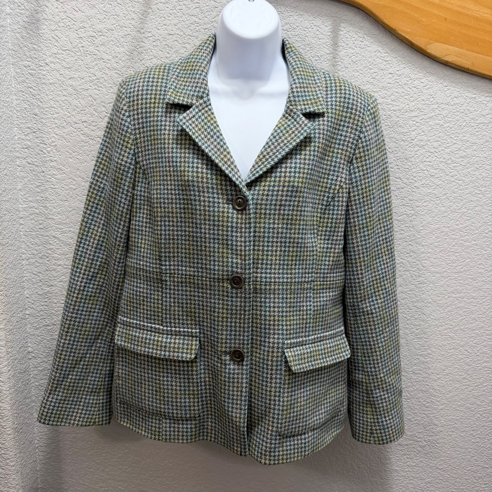 Pendleton Houndstooth Blazer Jacket Women Sz 14 Virgin Lambs Wool Blue Green‎